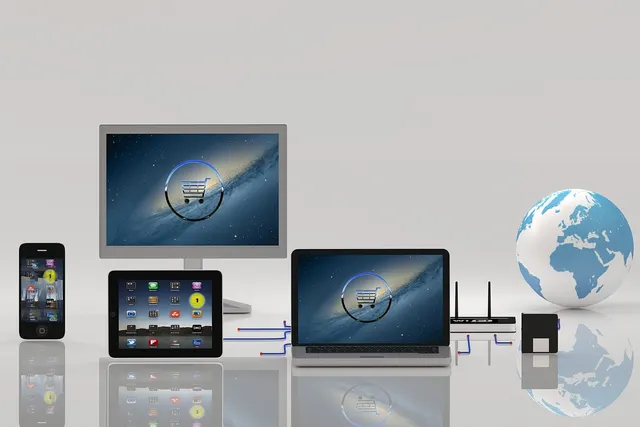 Smartphone, tablet, monitor and laptop showing shopping cart icons, linked to a router beside a globe