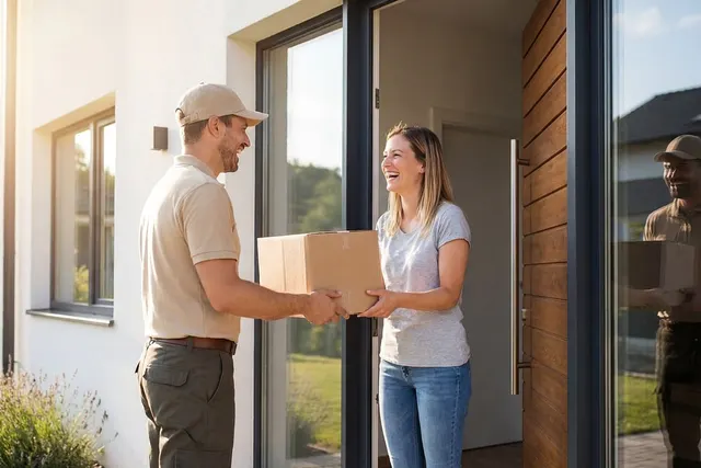 Delivery man in a beige cap hands a cardboard box to a smiling woman at the front door of a modern house