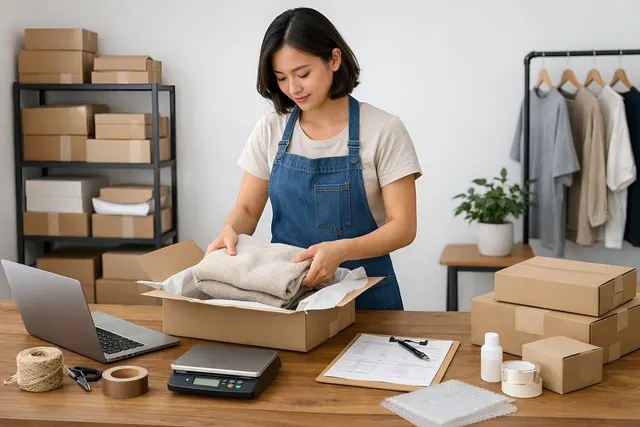 Small online clothing store owner in a denim apron packs a folded sweater into a box beside a laptop and scale