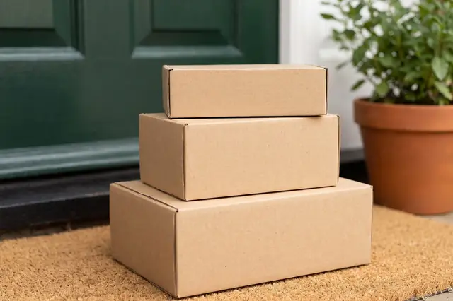 Three stacked cardboard boxes on a doormat beside a potted plant