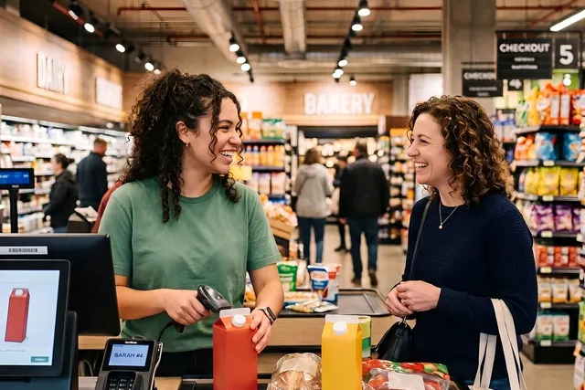 Smiling cashier scans a milk carton at a grocery checkout with a card terminal as a customer with a tote bag looks on