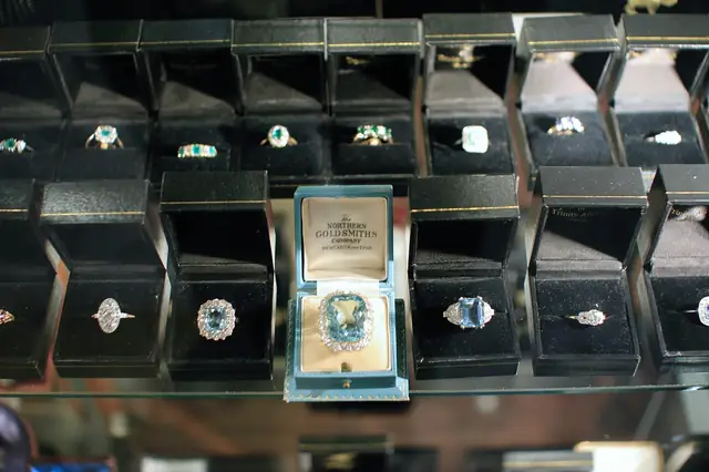 Jewelry display case with rings set in black velvet trays