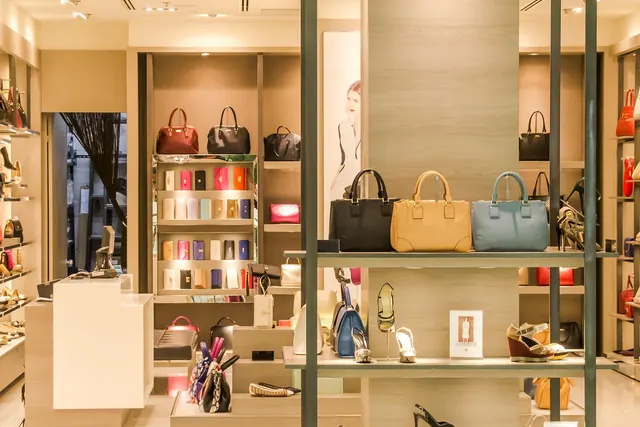 Boutique interior with handbags in black, tan and blue on lit shelves, wallets in a display case and heels below