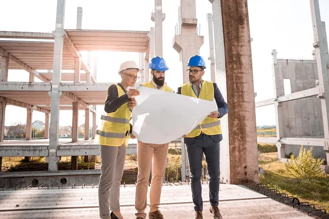Three contractors in hard hats and safety vests review blueprints at a concrete building construction site
