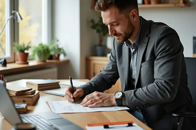 Man in a gray blazer signs paperwork at a wooden desk with a laptop, clipboard and books in a bright home office