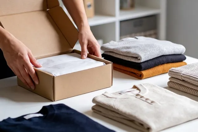 Hands packing a folded white garment into a kraft shipping box beside stacks of folded sweaters on a white table