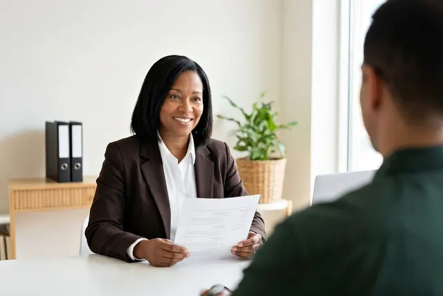 Smiling businesswoman in a brown blazer holds a document across a desk from a man in a bright office