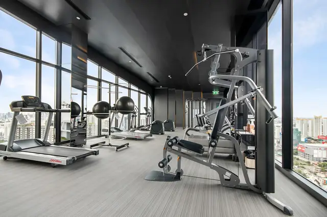 Modern gym with treadmills and weight machines beside floor-to-ceiling windows