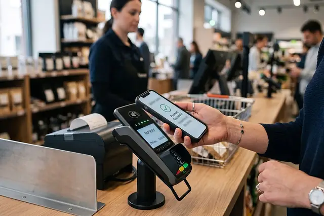 Customer tapping a phone on a payment terminal at a store counter