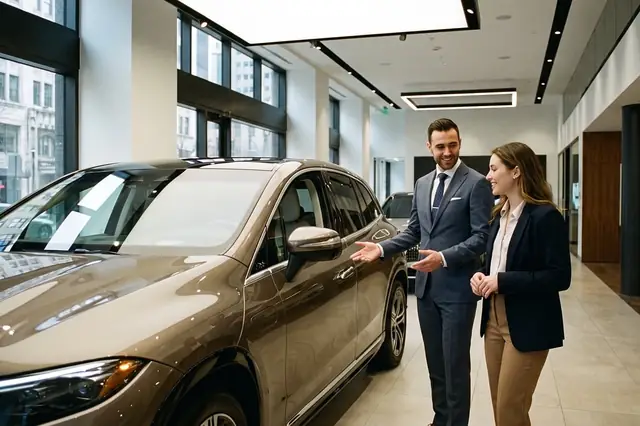 Salesperson showing a customer a new car in a showroom