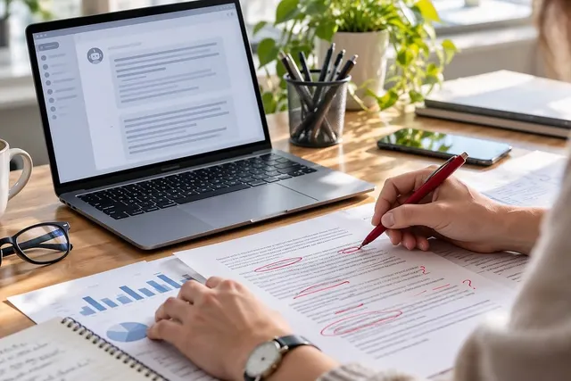 Person marking printed financial documents with a red pen at a desk beside a laptop, charts, coffee mug and glasses