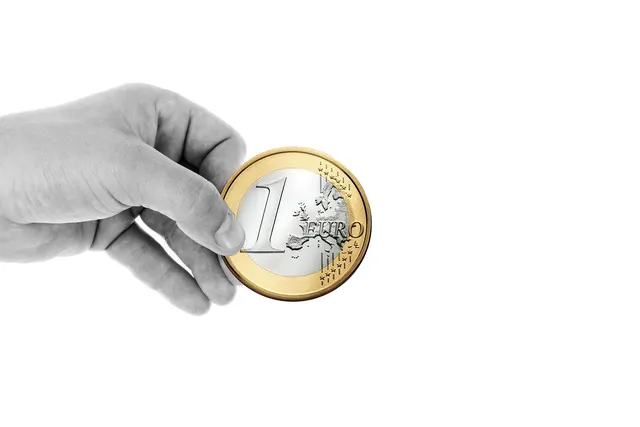 Black-and-white hand holding out a gold and silver 1 euro coin against a plain white background