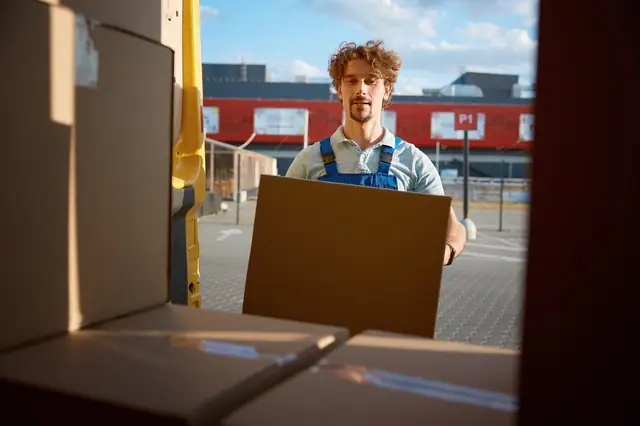 Delivery worker carrying a cardboard box, seen from inside a van