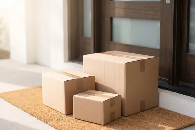 Three sealed cardboard shipping boxes stacked on a coir doormat outside a dark wooden front door in sunlight