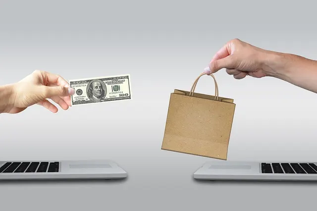 Hands reaching out of two laptop screens, one offering a $100 bill and the other a brown paper shopping bag