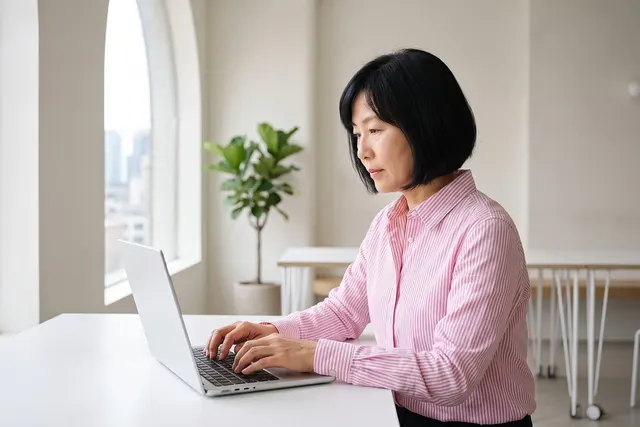 Woman with a black bob in a pink striped shirt typing on a laptop at a white desk in a bright office