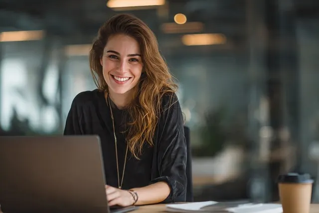 Smiling woman with long hair typing on a laptop at a desk in a modern office, takeaway coffee cup beside her