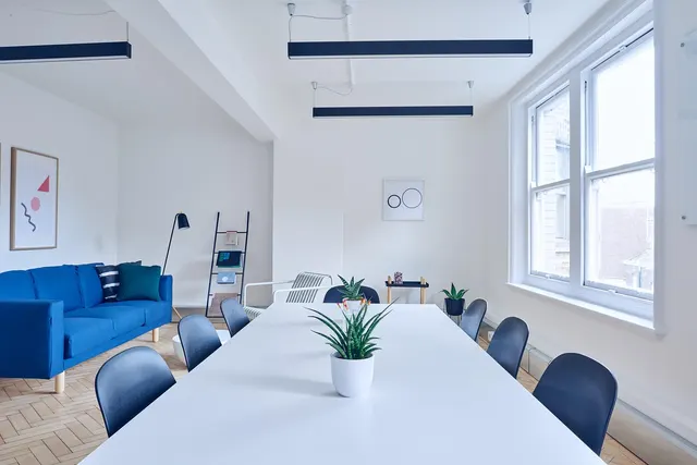Bright, empty office with a long white table, navy chairs, potted plants, a blue sofa and large windows