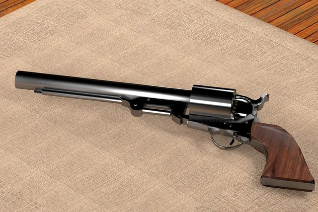 Rendered image of a long-barreled revolver with a wooden grip lying on a beige fabric mat over a wooden table