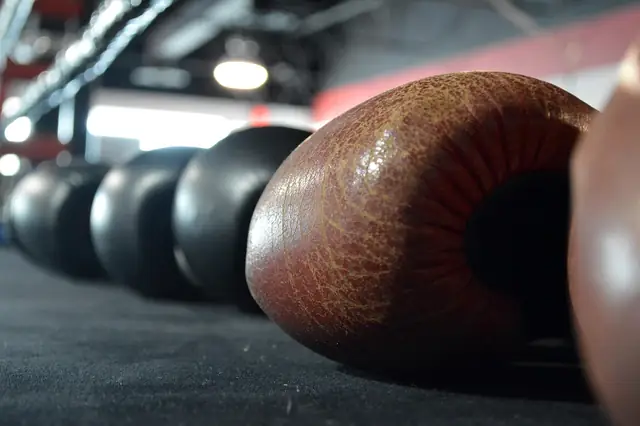 Close-up of a boxing glove with dumbbells behind it
