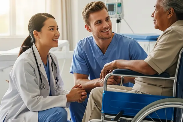 Doctor and nurse in scrubs kneel beside a smiling elderly woman in a wheelchair in a bright clinical room