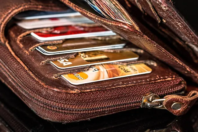 Open leather wallet showing a row of credit cards