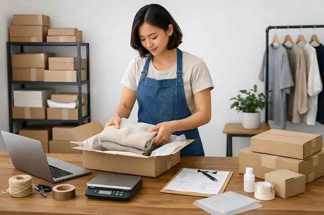 Woman packing folded clothing into a shipping box at a home workspace