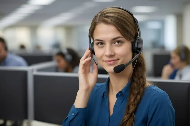 Smiling customer service agent with a headset in a call center, colleagues on calls at cubicles behind her