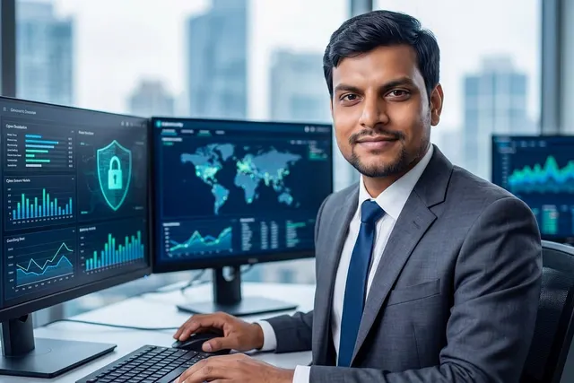 Smiling businessman in a suit at a desk with monitors showing cybersecurity dashboards, a padlock shield and a world map