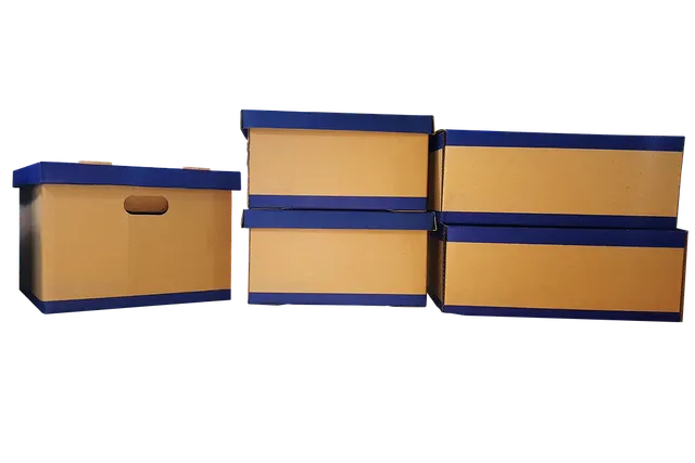 Five cardboard moving boxes with blue lids and trim, stacked in a group against a black background