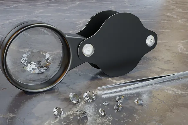 Black jeweler's loupe magnifying a loose diamond beside tweezers and scattered gemstones on a marble counter