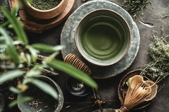 Overhead view of a green tea bowl on a stone plate with bamboo whisks, a bowl of green powder and dried herbs