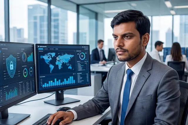 Analyst in a gray suit at a desk with two monitors showing security dashboards, a world map and a shield icon