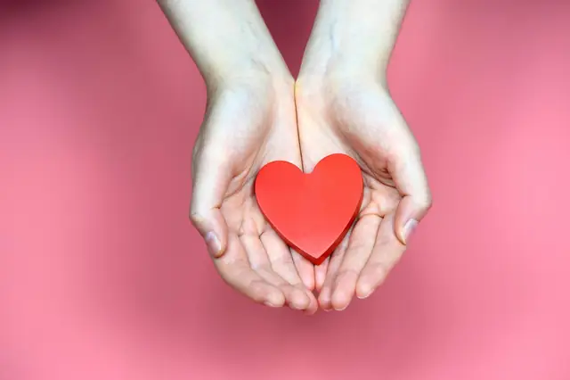 Cupped hands holding a red heart against a pink background
