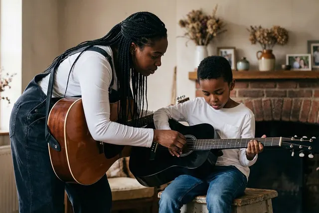 Guitar teacher with long braids guides a young boy's fingers on a black acoustic guitar in a cozy home studio