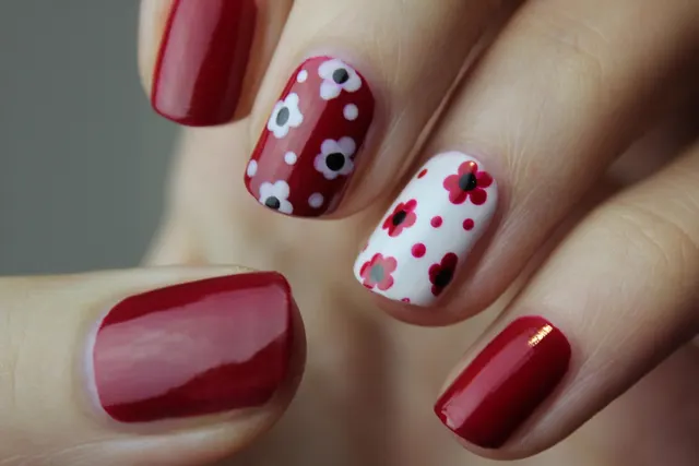 Close-up of a hand with glossy red manicured nails, two accent nails painted with red and white floral designs