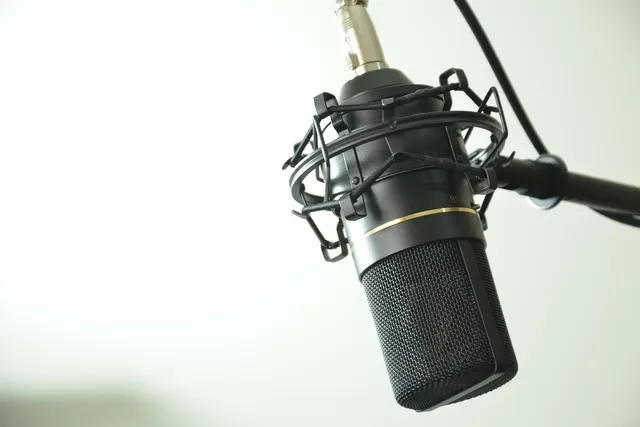Black studio condenser microphone in a shock mount on a boom arm against a bright white background