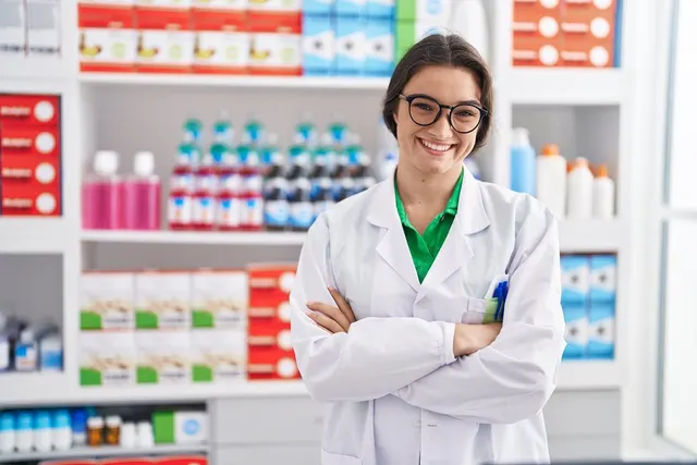Smiling pharmacist in glasses and white lab coat stands with arms crossed in front of shelves of medicine boxes