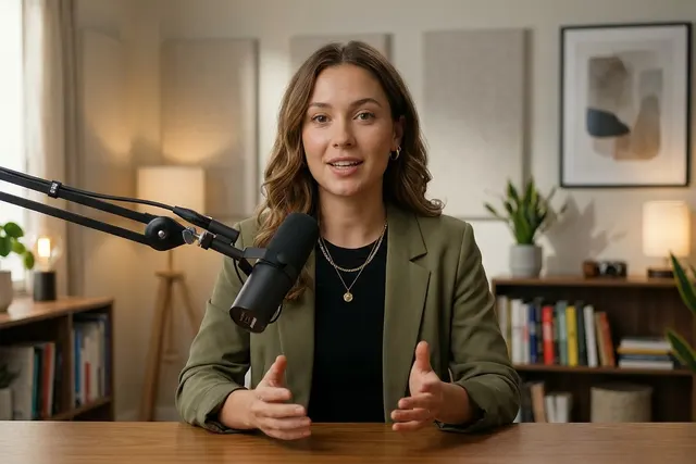 Woman in an olive blazer speaking into a boom-arm microphone at a desk in a warm home studio with bookshelves