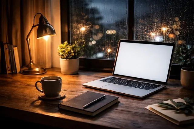 Laptop with blank screen on a wooden desk beside a coffee mug, notebook and pen, and a desk lamp by a rainy night window