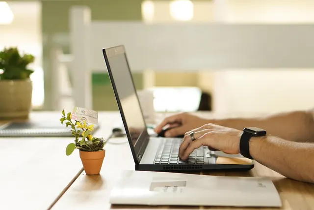 Person wearing a smartwatch typing on a laptop at a wooden desk beside a small potted plant and paperwork