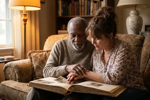 Older man and a woman holding hands on a living room sofa while looking through an old photo album together