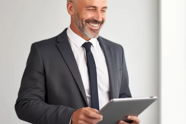 Smiling gray-haired businessman in a dark suit and tie looking at a tablet in a bright, minimal office
