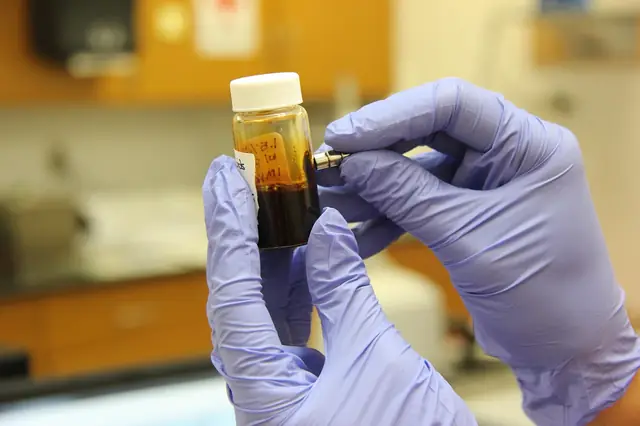 Gloved hands holding a small amber vial of dark liquid