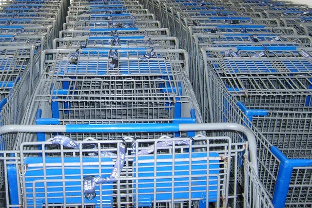Rows of nested metal shopping carts with blue handles and child seat straps lined up at a grocery store