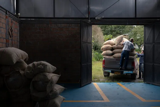Workers loading stacked burlap sacks onto a pickup truck outside an open warehouse door, with more sacks inside