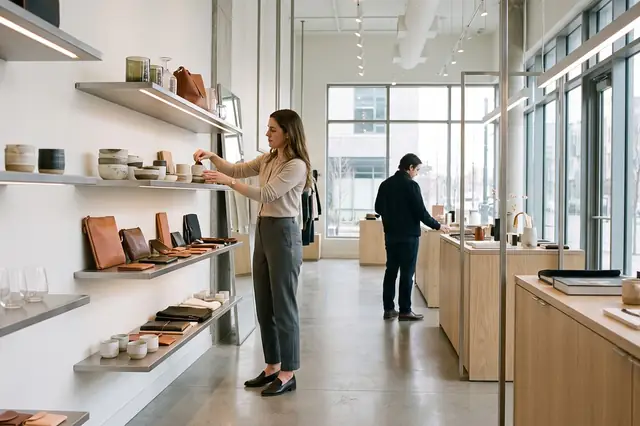 Shopper browsing leather goods on shelves in a bright boutique