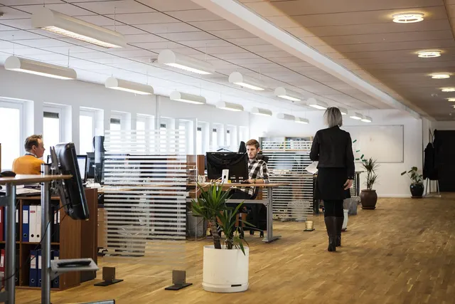 Open-plan office with two men working at desktop computers as a woman in a black outfit walks across the wooden floor