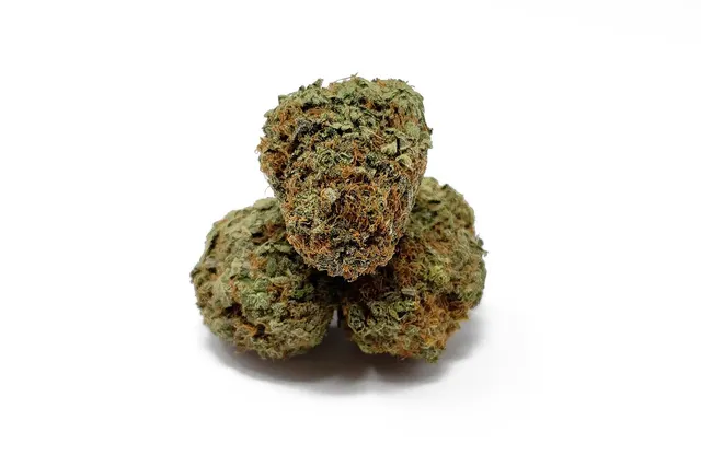 Close-up of three dried cannabis flower buds with orange pistils stacked on a plain white background