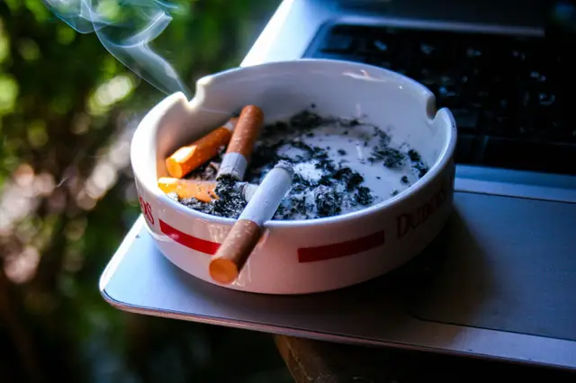 Ashtray with smoldering cigarettes resting on an open laptop